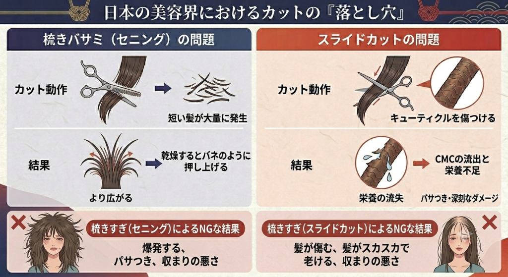 大人の髪にを傷める梳きバサミとスライドカット